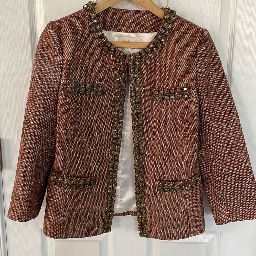 Neiman Marcus EXQUISITE bejeweled tweed jacket metallic CHANEL-esque M LIKE NEW